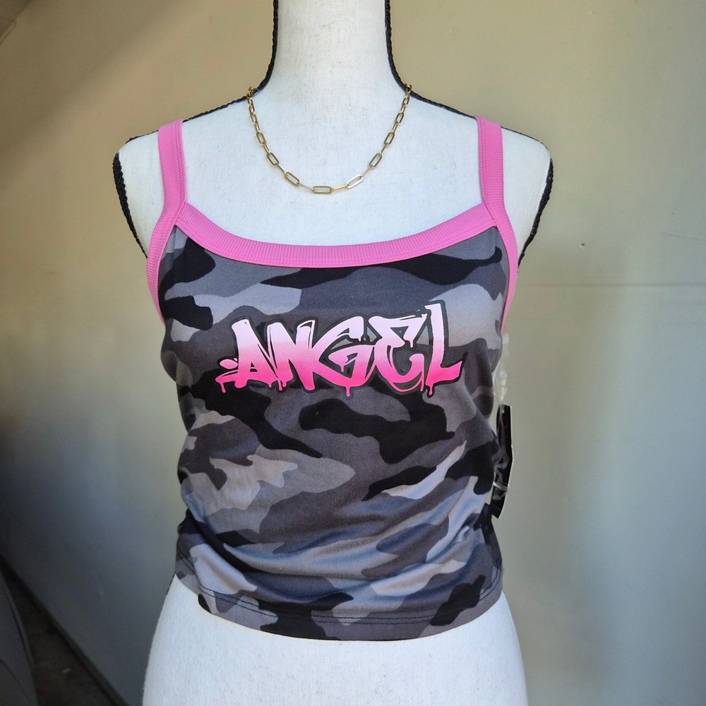 Y2K Camo Angel Tank Top Womens Medium Streetwear Mcbling Indie Sleaze Bratz NWT